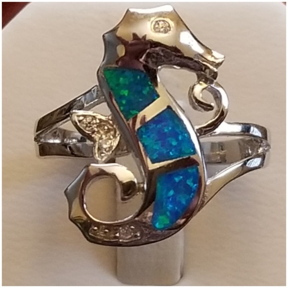 Genuine White Sapphire/Australian Opal Inlay Ring
